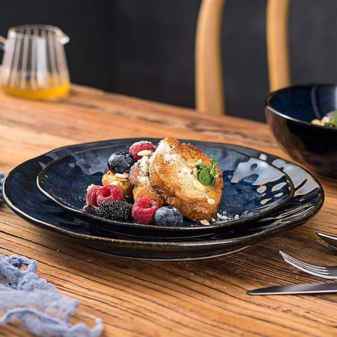 vicrays Ceramic Dessert Salad Plates, 8 Inch, Set of 4, Round, Microwave, Oven, and Dishwasher Safe, Scratch Resistant, Porcelain Fluted Suitable for Snacks, Appetizer, Home, Restaurant (Blue)
