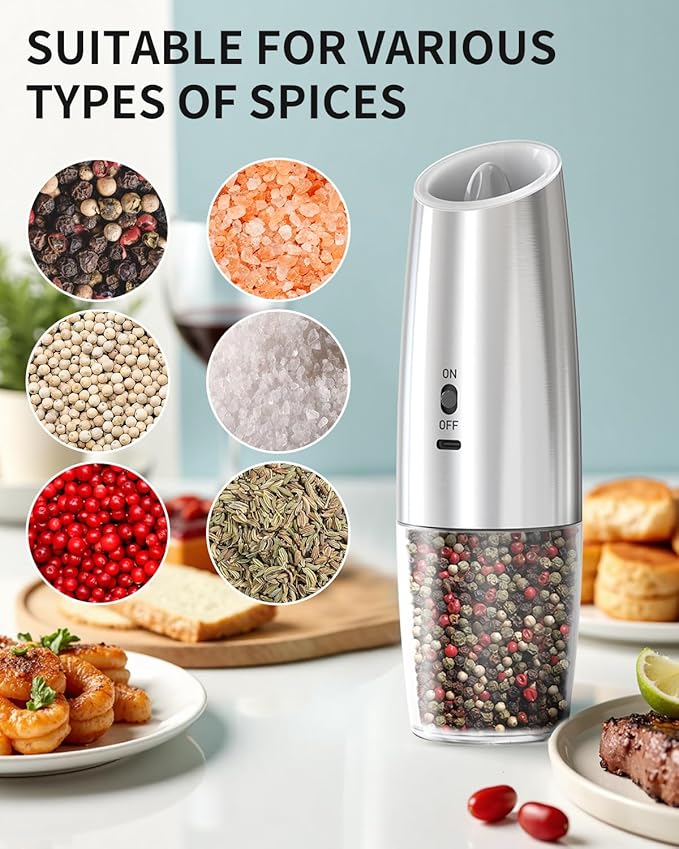 CIRCLE JOY Rechargeable Gravity Electric Salt and Pepper Grinder Set, Stainless Steels Salt and Pepper Mills with LED Light, No Battery Needed, Adjustable Coarseness, Washable 135ml Container, Silver