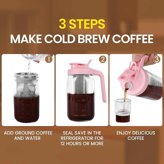 Cold Brew Coffee Maker,32 oz Mason Jar Pitcher with Stainless Steel Filter, Pour Spout Handle Lid, Heavy Duty Glass Airtight & Leak-Proof Pitcher for iced coffee Tea Breastmilk Lemonade-Pink