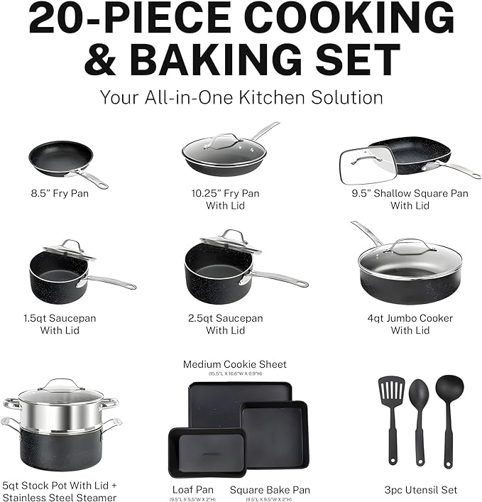 GRANITESTONE 20 Pc Complete Pots and Pans Set Non Stick Cookware Set with Deep Frying Pan Set, Bakeware, Steamer, Cooking Utensils, Non Toxic PFOA PFOS Free, Oven and Dishwasher Safe