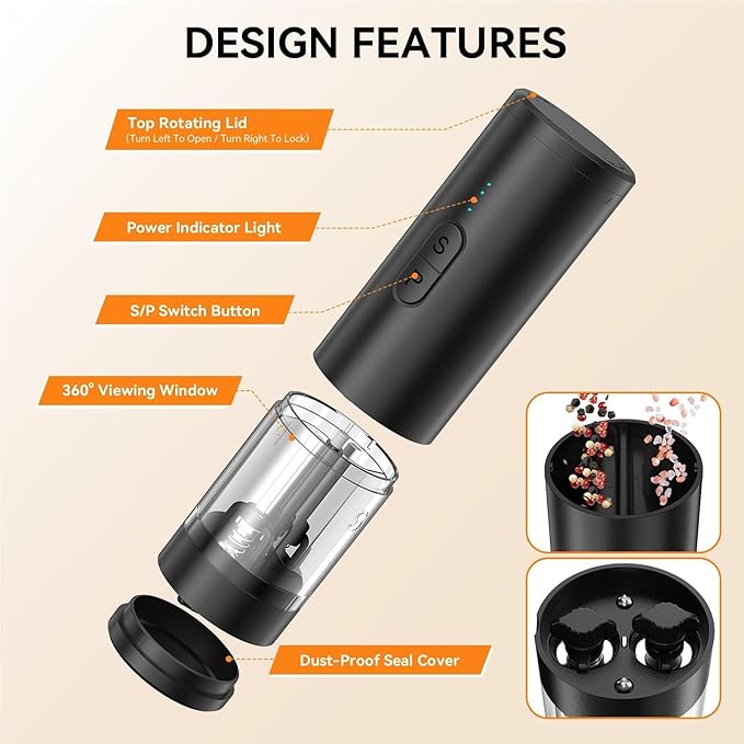 2 in 1 Electric Salt and Pepper Grinder Set, USB Rechargeable, Automatic Salt and Pepper Mill Shakers with LED Light, Battery Display, Adjustable Coarseness, Ideal for Kitchen Outdoor BBQ Gift