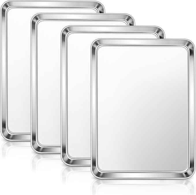 E-far Stainless Steel Baking Sheets Set of 4, 12.4” x9.7” Baking Cookie Sheets Pans for Oven, Non-toxic Metal Trays for Cake Cookies, Healthy & Rust Free, Mirror Finish & Dishwasher Safe