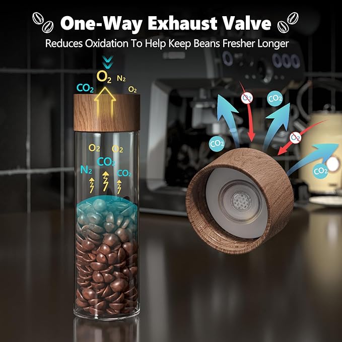 Single Dose Coffee Bean Storage Tubes Coffee Storage Container with One-Way Exhaust Valve,Coffee Bean Cellar 10 Pcs Dosing Glass Vials (2 Oz) Walnut Wood Stand Funnel And Lids