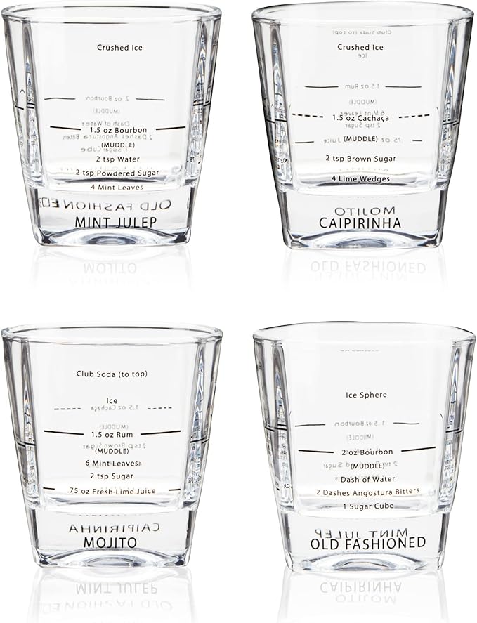 TRUE Cocktail Rocks Glasses with Recipes for Old Fashioned, Mojito, Mint Julep & Caipirinha, Old Fashioned Glasses, Bar Glassware, 8.5 oz, Set of 4