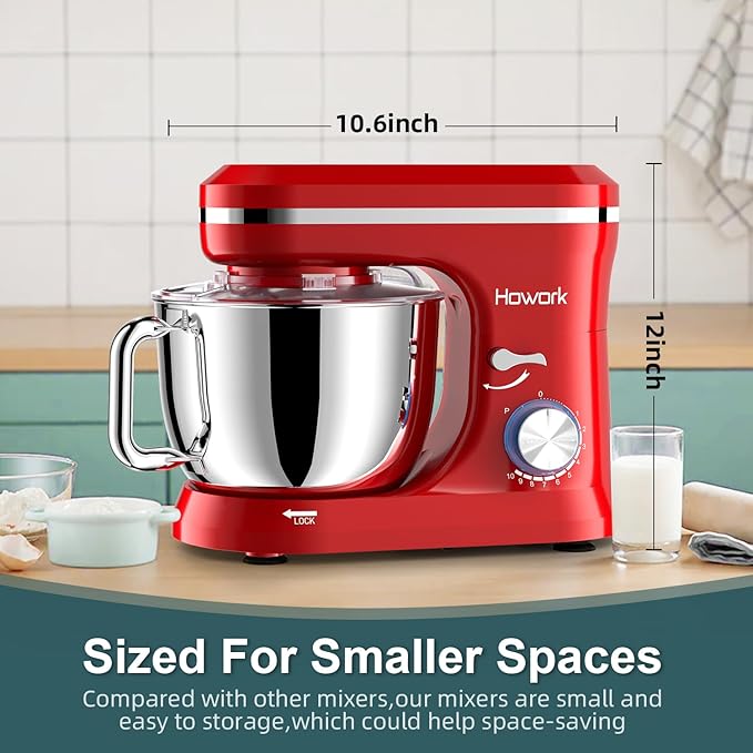 HOWORK Electric Stand Mixer,10+p Speeds With 6.5QT Stainless Steel Bowl,Dough Hook, Wire Whip & Beater,for Most Home Cooks,Bright Red