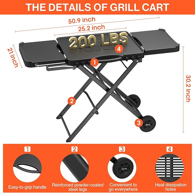 Grill Stand for Ninja Woodfire OG701, OG850, OG951, Portable Foldable Grill Table with Wheels & Side Shelf, 51" Large Space BBQ Table for Weber, Blackstone Griddle, Ooni Pizza Oven Accessories