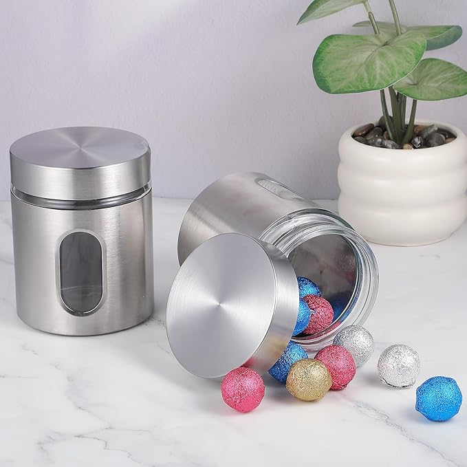 6 Pack Kitchen Canisters Set 20 oz Stainless Steel Canisters with Window Glass and Lids Airtight Coffee Sugar Tea Candy Storage Jars Food Storage Container for Flour Cookies Spices Grains