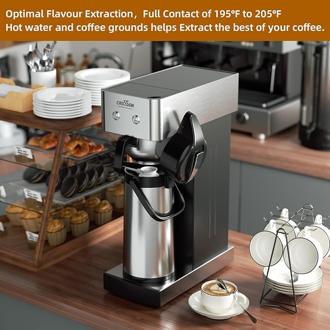 crosson 2.2L Commercial Airpot Coffee Brewer, Pour Over Drip Coffee Maker with 24 Hours Hot 2.2L Thermal Airpot Coffee Carafe Dispenser with Pump