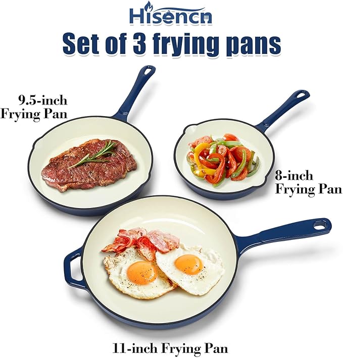 Hisencn Enameled Cast Iron Skillet Set - 3 Piece Ceramic Coated Fry Pan Set(8'',9.5'' 11''), PFAS/PTFE/PFOA Free, Oven & Induction Safe, Navy Blue Cookware for Gas/Electric Stovetop