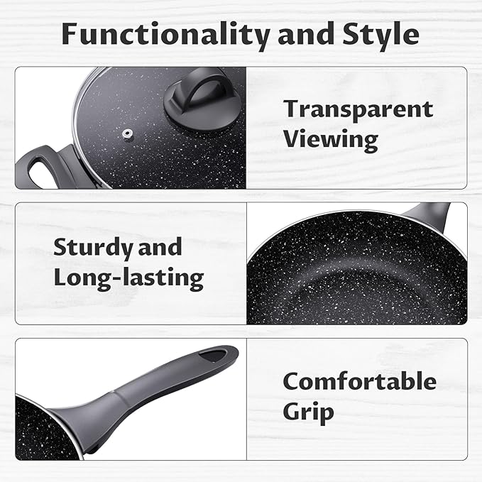 Induction Cookware Pots and Pans Set 10 Piece, BEZIA Dishwasher Safe Nonstick Cooking Pans, Stay-Cool Bakelite Handle, Scratch Resistant Kitchen Sets with Frying Pans, Saucepans & Stockpot (Black)