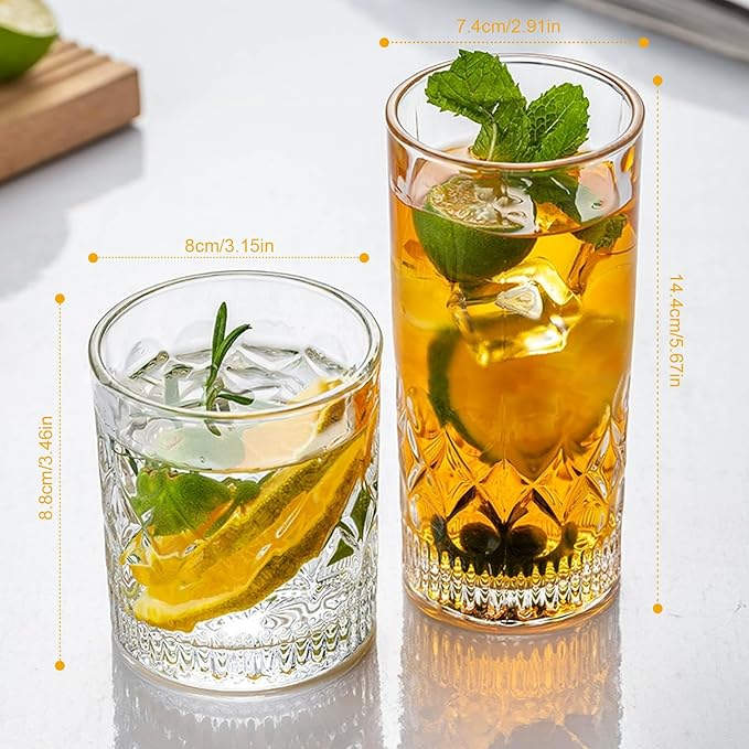 YULEER Drinking Glasses Set of 8, Glassware Drink Set, 4pcs 12oz Highballs and 4pcs 10oz Whiskey Glasses, Mixed Drinkware Easy to Clean for Whiskey, Cocktail, Margarita, and other Beverages