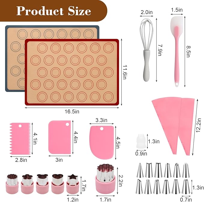 28Pcs Macaron Silicone Baking Mat Kit-2 Sheet Macaron Silicone Baking Mats 11.6"x16.5", 2 Piping Pastry Bag, 12Piping Tip, 1 Coupler, 3 Scraper, 1 Egg Beater, 6 Embossing-Molds Macaron Set
