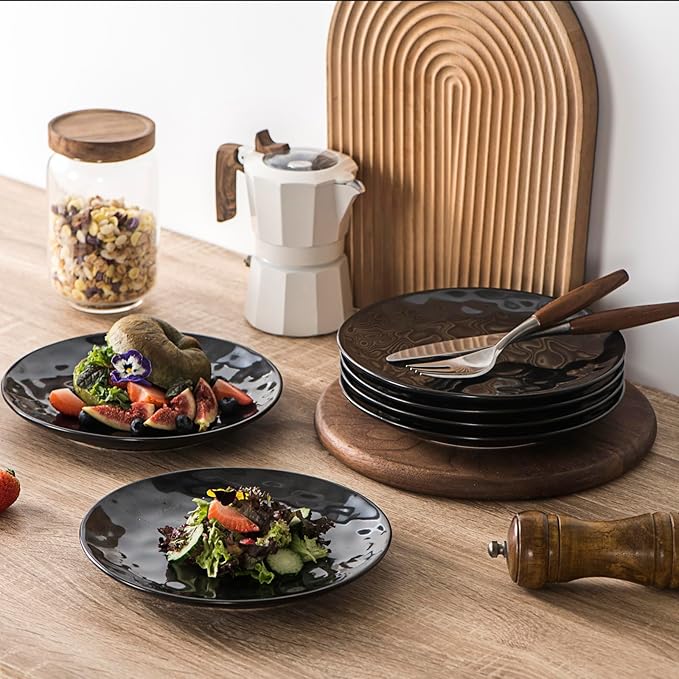 vicrays Ceramic Dessert Salad Plates, 8 Inch, Microwave, Oven, and Dishwasher Safe, Round, Porcelain Fluted Suitable for Snacks, Appetizer, Home, Party, Restaurant - Set of 6 Black