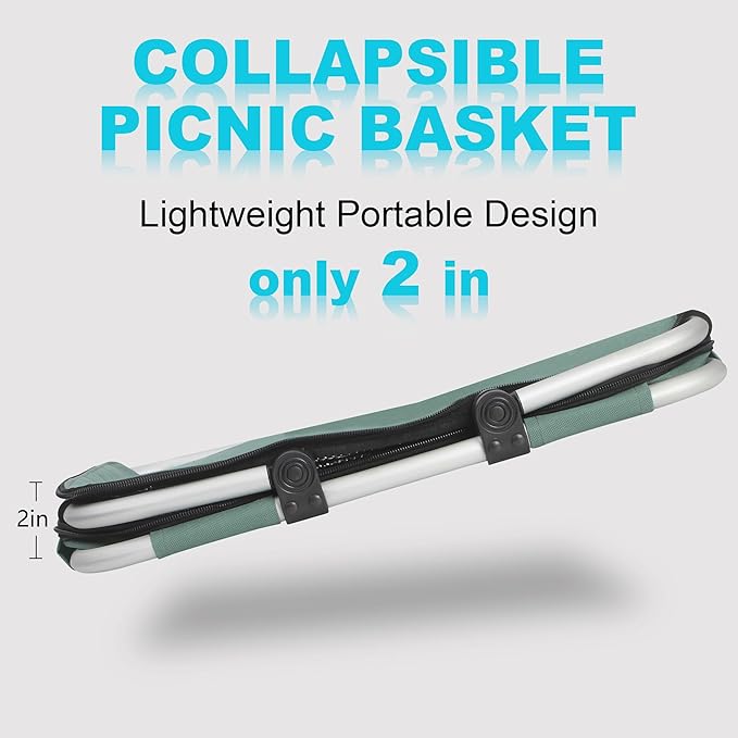 Picnic Basket, SIYUAN Collapsible Shopping Basket with Handles 27L Large Market Basket with Lid Reusable Folding Grocery Basket Insulated Cooler Bag, Green
