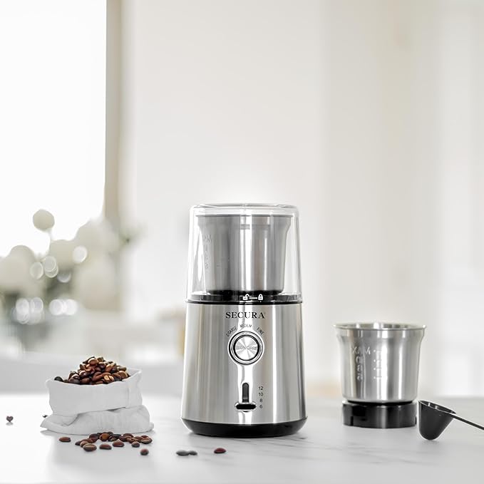 Secura Electric Coffee Grinder and Spice Grinder with 2 Stainless Steel Blades