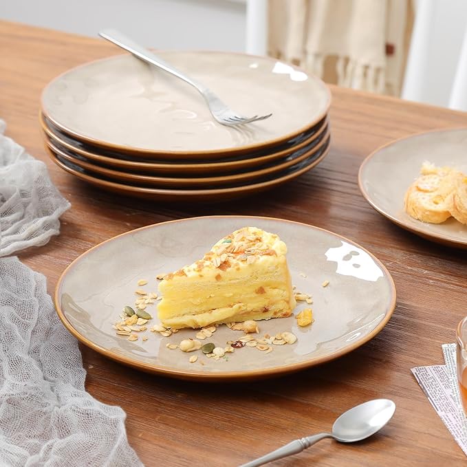 vicrays Ceramic Dessert Salad Plates, 8 Inch, Set of 6, Round, Microwave, Oven, and Dishwasher Safe, Scratch Resistant, Porcelain Fluted Suitable for Snacks, Appetizer, Home, Restaurant (Beige)