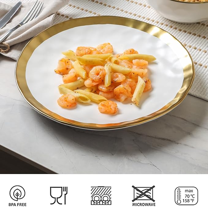 vicrays Ceramic Dessert Salad Plates, 8 Inch, Set of 6, Round, Dishwasher Safe, NOT Microwave Safe, Scratch Resistant, Suitable for Appetizer, Home, Restaurant (White with Golden)