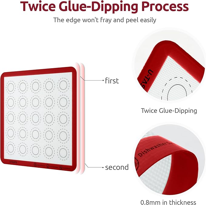 446ºF Heat Resistant Macaron Mat: U-Taste 11x11in Non Stick Silicone Baking Mat, Reusable Cookies Pastry Sheet Liner with Edge Enhancement & Circle Measurement for Square Cake Pan (2 PCS, Red)