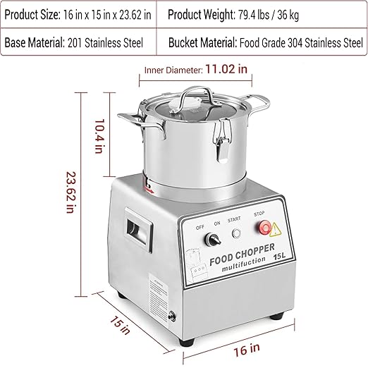 16 Quart Commercial Food Processor, Electric Combination Chopper Meat & Vegetable Grinder, Multi-Functional Stainless Steel Food Processor w/Gloves, 110V/1400W for Fruit, Grains, Nuts Shredding(15L)