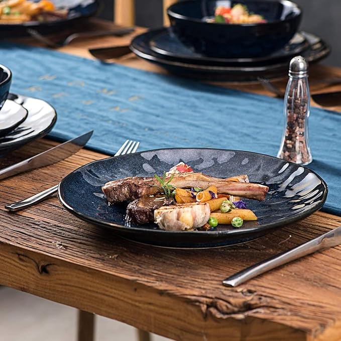 vicrays Ceramic Dinner Plates Set, 10.5 Inch, Set of 4, Round, Microwave, Oven, Dishwasher Safe, Porcelain Fluted Suitable for Steak, Pasta, Pizza, Home, Party, Restaurant (Blue)