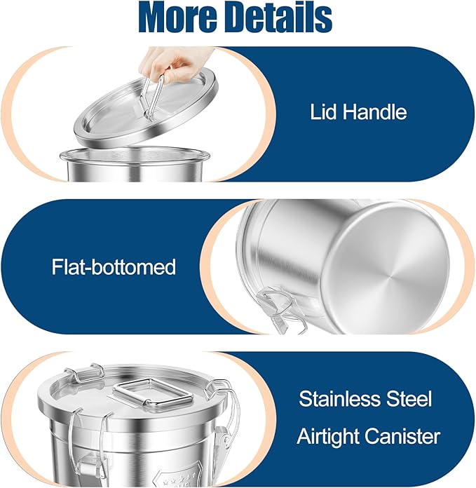 304 Stainless Steel Airtight Canister, 1.6Gal /203oz Airtight Food Storage Container with Lid and Lock Clips, Large Metal Pantry Storage Canister for Coffee Beans, Flour, Tea, Sugar, Cereals, 6L