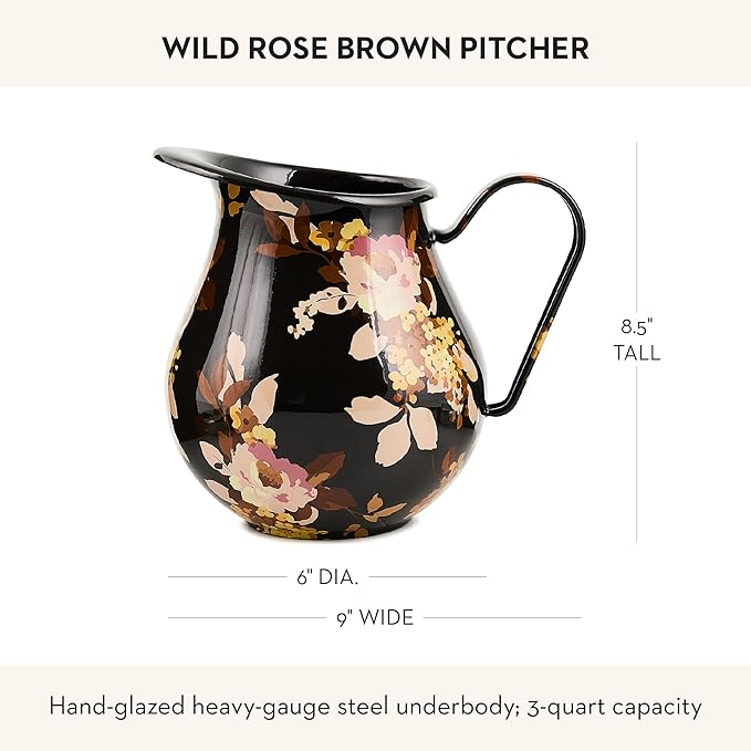 MACKENZIE-CHILDS Enamel Pitcher with Spout, Cute Water Pitcher, 3 Quarts, Wild Rose Brown