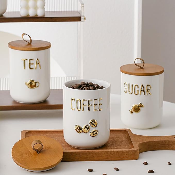 YYW Kitchen Canisters for Countertop, White Airtight Ceramic Canister with Seal Wooden Lid Storage Container for Coffee Bean Ground Coffee Sugar and Tea (White(sugar))