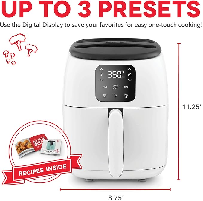 DASH Tasti-Crisp™ Electric Air Fryer Oven, 2.6 Qt., White – Compact Air Fryer for Healthier Food in Minutes, Ideal for Small Spaces - Auto Shut Off, Digital, 1000-Watt