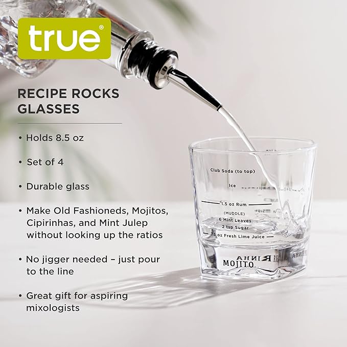 TRUE Cocktail Rocks Glasses with Recipes for Old Fashioned, Mojito, Mint Julep & Caipirinha, Old Fashioned Glasses, Bar Glassware, 8.5 oz, Set of 4