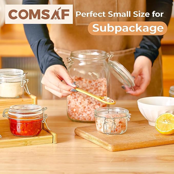 ComSaf 4oz Small Airtight Glass Jars Set of 12 with Lids Food Storage Jar Round, Mason Jar, Mini Storage Container with Clear Preserving Seal Wire Clip Fastening for Kitchen Canning, Jam, Spice, Honey