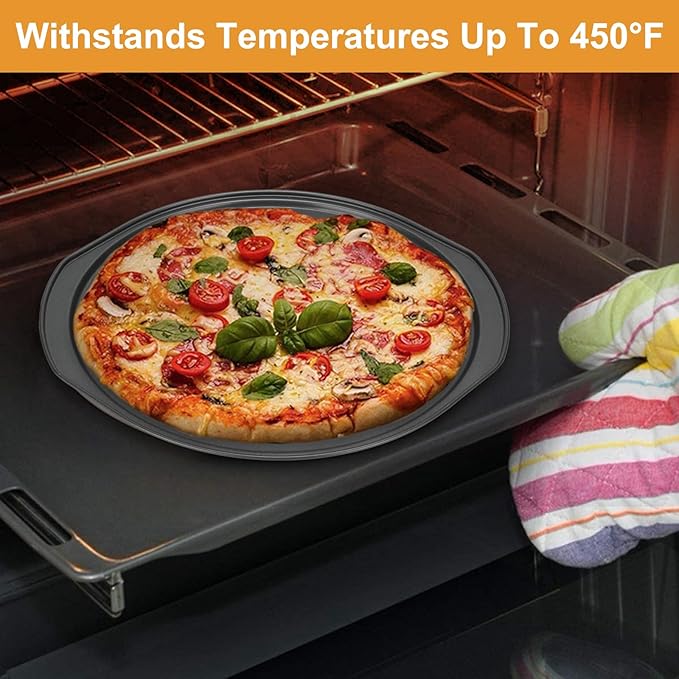 13 Inch Pizza Pan for Oven, 2 Pack Round Pizza Pan with Holes Non-sticking Carbon Steel Pizza Tray with Handles Pizza Baking Pan for Cooking and Grilling Oven Safe