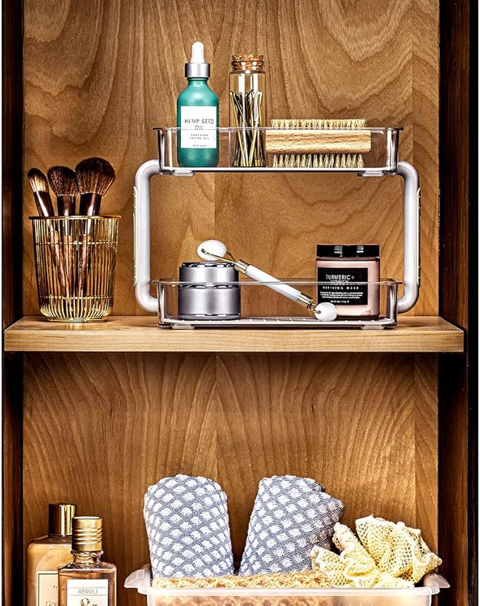 madesmart 2-Tier Plastic Multipurpose Kitchen Spice Organizer, Condiment Storage Spice Shelf for Cabinet Organization, Gray (Pack of 2)