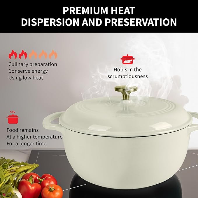 5.5 Quart Enameled Cast Iron Dutch Oven with Lid – Heavy-Duty Cookware for Bread, Braising, and Stews – Dual Handles, Oven Safe to 500°F – Ideal for Stovetop & Oven Cooking (Cream, 5.5QT)