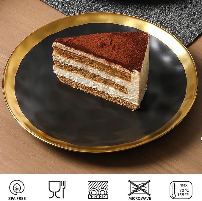 vicrays Ceramic Dessert Salad Plates, 8 Inch, Set of 6, Round, Dishwasher Safe, NOT Microwave Safe, Scratch Resistant, Suitable for Appetizer, Home, Restaurant (Black with Golden)