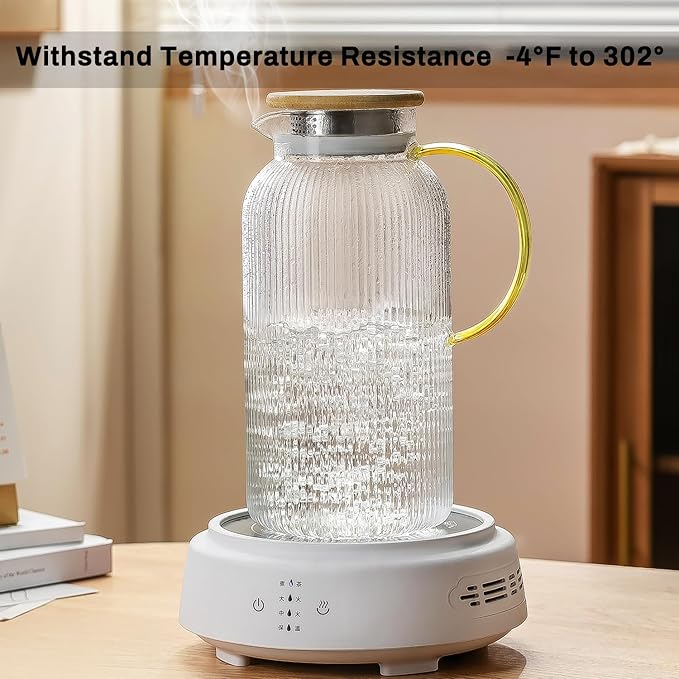 Glass Pitcher with Lid, 2 PACK 68 oz/2 Liter Vertical Water Pitcher With Serving Tray, Clear Borosilicate Glass Water Carafe for Cold Brew, Coffee, Lemonade, Iced Sun Tea,Beverage,Heat Resistant