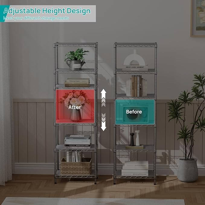 SINGAYE 6 Tier Shelf Wire Shelving Adjustable Storage Shelves Rack Standing Units for Kitchen Closet Laundry Bathroom Organizers Metal Pantry Narrow Mesh Gaps 10" D x 16" W x 60" H Gray