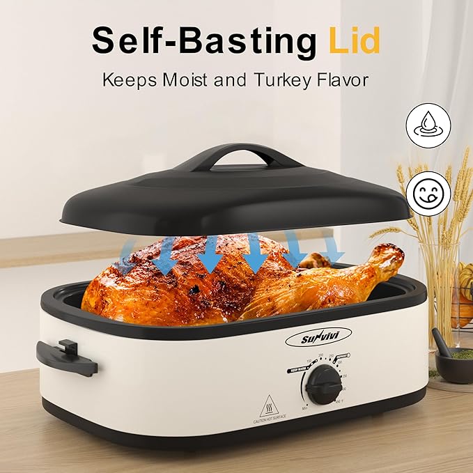 Sunvivi Electric Roaster Oven with Self-Basting Lid, 14-Quart Turkey Roaster Oven with Removable Pan and Rack, Stainless Steel, White