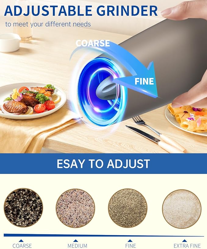 CIRCLE JOY Gravity Electric Salt and Pepper Grinder Set Automatic Salt and Pepper Grinder Set with LED Light, Battery Operated, Adjustable Coarseness, Large Capacity, for Home Kitchen BBQ, Brown