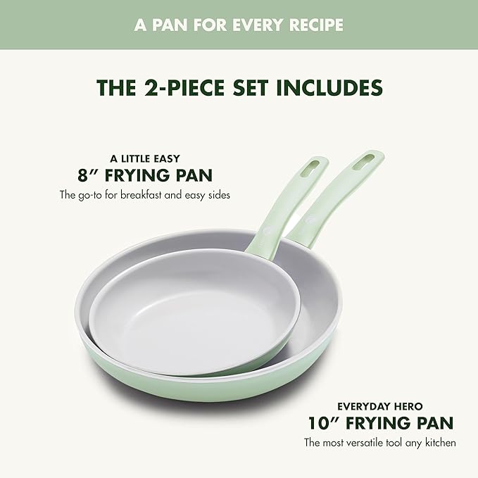 GreenPan Dover 8” & 10” 2 Piece Frying Pan Skillet Set, Non-Toxic PFAS-Free Ceramic Nonstick Coating, Sear Saute Fry Egg Omlete, Dishwasher & Oven Safe, Stay Cool Handle, Easy Pour Rims, Pastel Green
