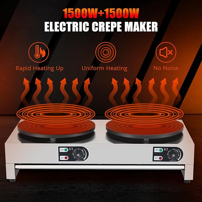 16" Commercial Electric Crepe Maker, 1500W+1500W Double Plate Pancake Maker Griddle, Adjustable Temp Control 110V Electric Crepe Machine for Blintzes, Eggs, Bacon