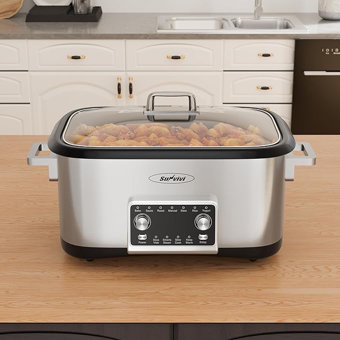 12 in 1 Programmable 8 Quart Slow Cooker, Multi-Cooker Food Warmer with Digital Timer, Temp Control, Removable Cast Aluminum Pot & Dishwasher-Safe Tempered Glass Lid, Stainless Steel