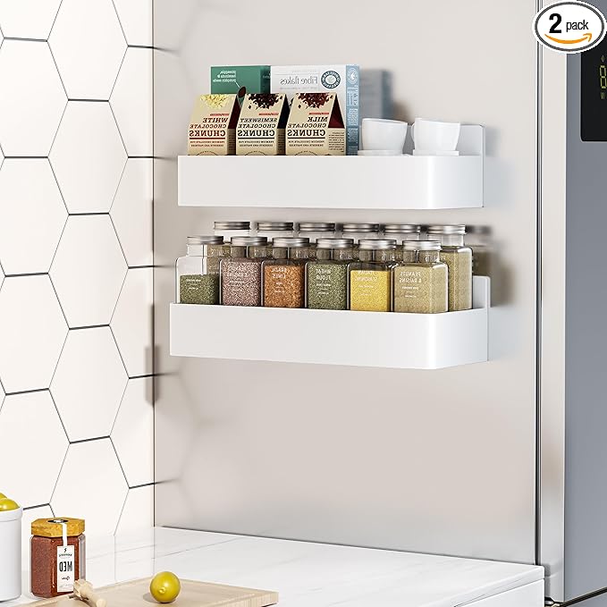 Magnetic Spice Rack for Refrigerator, Kitchen Organizer and Storage Shelf, White (2 Pack)…