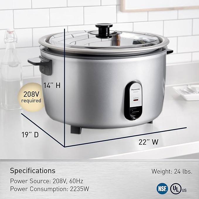 Panasonic Commercial Rice Cooker, 208V Extra-Large Capacity 80-Cup (Cooked), 40-Cup (Uncooked) with One-Touch Operation - SR-GA721L - Silver