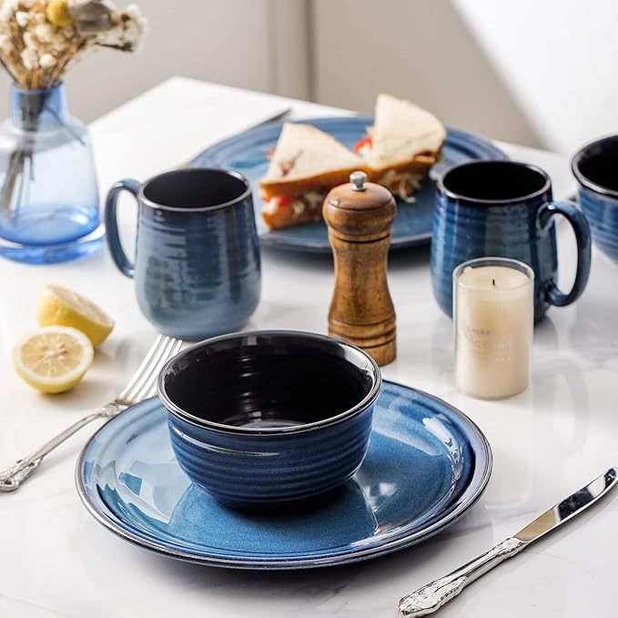 Hasense Ceramic Dinner Plates Set of 4,10 Inch Large Porcelain Pasta and Salad Plates,Blue Stoneware Plate Set Microwave,Oven,and Dishwasher Safe
