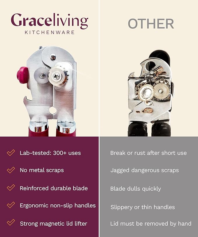 Premium Multifunctional Magnetic Manual Can Opener and Bottle Opener, Heavy Duty Stainless Steel Sharp Cutting Blade and Oversized Easy Turn Knob, Soft-Touch Handle, Kitchen Use, Mauve