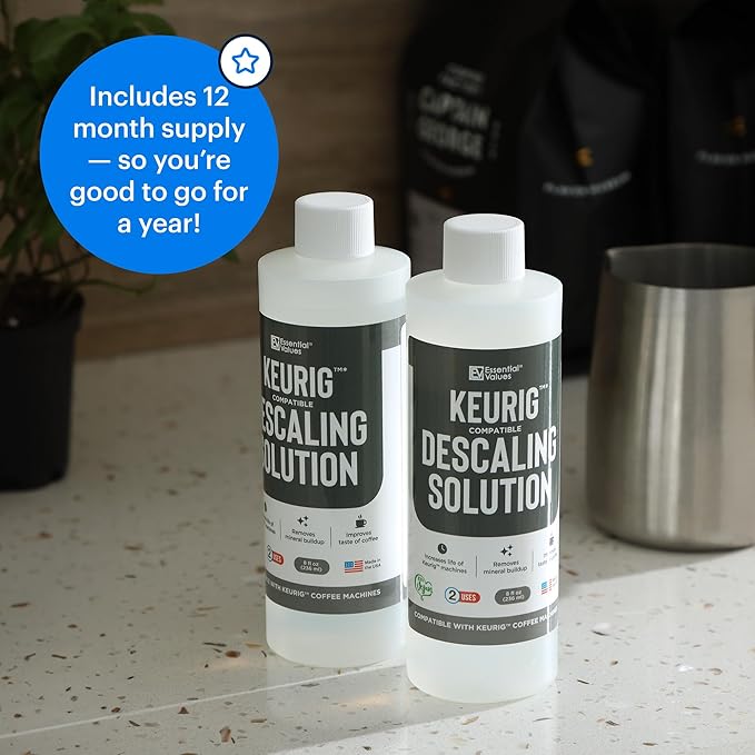 Essential Values Descaling Solution Compatible with Keurig - Coffee Descaler - Coffee Maker Cleaner - Kettle, Espresso Machine Cleaning - 12 Month Supply 2-Pack