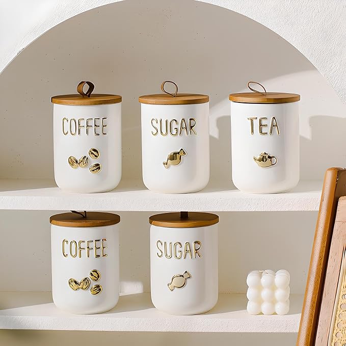 YYW Kitchen Canisters for Countertop, White Airtight Ceramic Canister with Seal Wooden Lid Storage Container for Coffee Bean Ground Coffee Sugar and Tea (White(coffee))