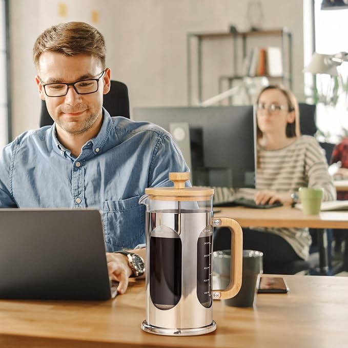 Sivaphe No-Plastic French Press Coffee Maker 34 oz, Borosilicate Glass Bamboo Lid and Handle Coffee Tea Press 8 cup, 1000ml Coffee Milk Forther with Stainless Steel Holder and Resuable Filters