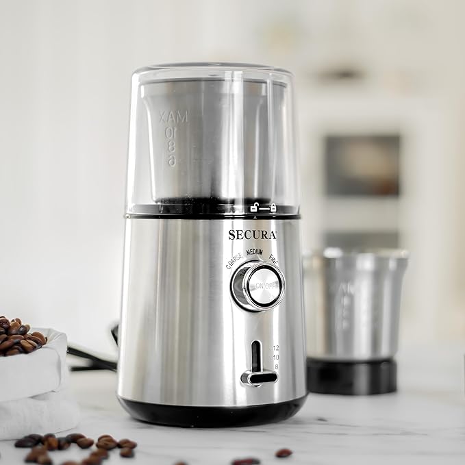 Secura Electric Coffee Grinder and Spice Grinder with 2 Stainless Steel Blades