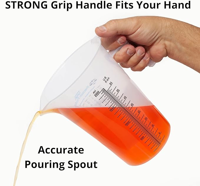 Half Gallon 64oz (2 quart) Measure Pitcher- Conversion Chart-Strong Food Grade - Resistant to Chemicals- Great for Lawn, Pool & Spa, Ag, Home Hobbies, Lye, Cooking, Shop Motor Oil Fluids Made In USA